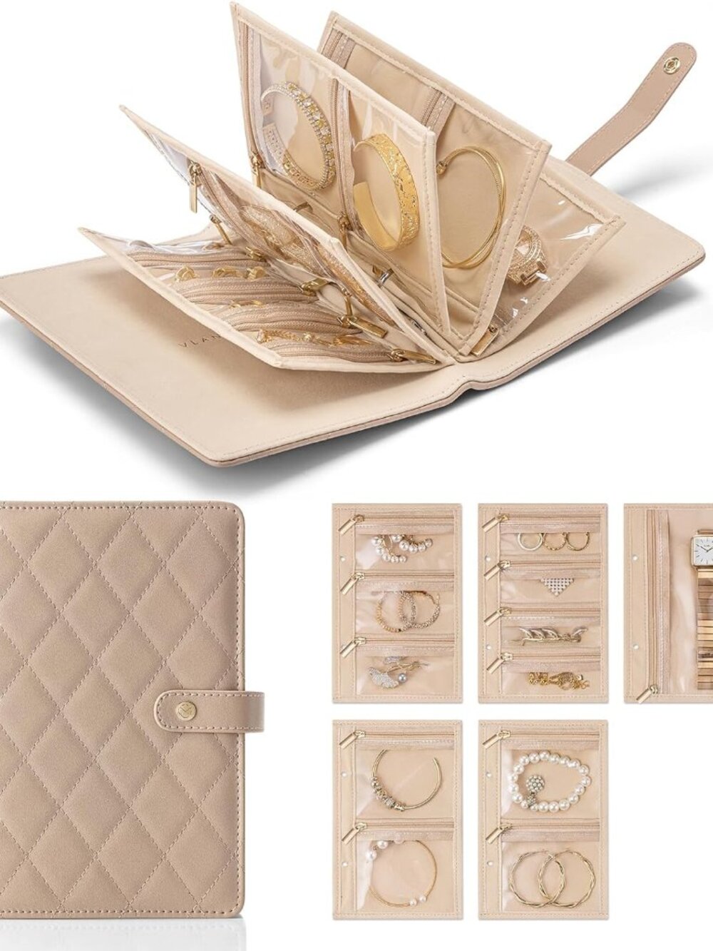 Jewelry Travel Organizer,Loose-Leaf with Clear Velvet Pouches,Toffee